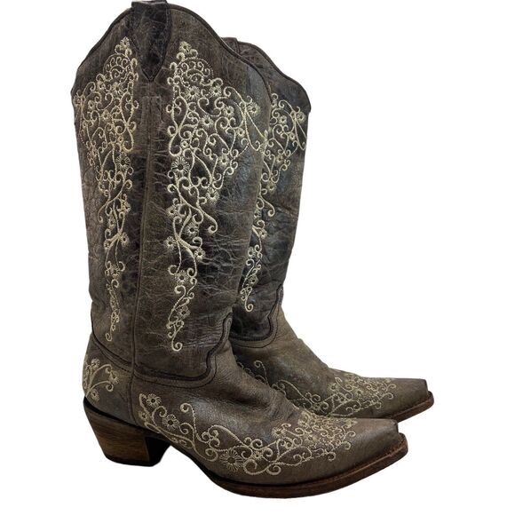 Corral Wedding Big Floral Embroidered Snip Toe Boots Brown/Bone Size 9.5 - Picture 1 of 16